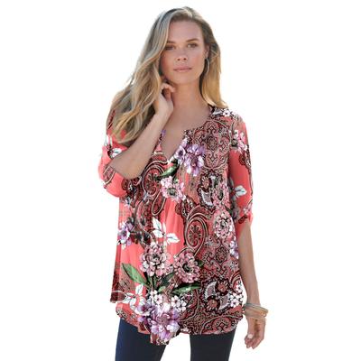 Plus Size Women's Tara Pleated Big Shirt by Roaman's in Sunset Coral Paisley Garden (Size 14 W) Top