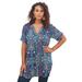 Plus Size Women's Short-Sleeve Angelina Tunic by Roaman's in Navy Mirrored Medallion (Size 24 W) Long Button Front Shirt