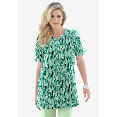Plus Size Women's Plus Size Soft Knit Print Tunic with Notch Neckline by Roaman's in Green Mint Brushstroke (Size 4X) Short Sleeve T-Shirt