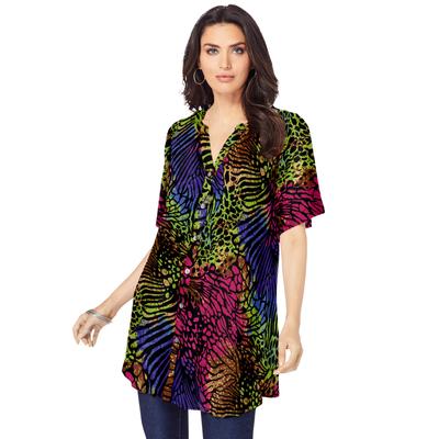 Plus Size Women's Plus Size Angelina Tunic Top - Short Sleeve, Flowy Fit, Everyday Comfort by Roaman's in Multi Mixed Animal (Size 16 W) Long Button