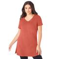 Plus Size Women's Short-Sleeve V-Neck Ultimate Tunic by Roaman's in Sunset Coral (Size 5X) Long T-Shirt Tee