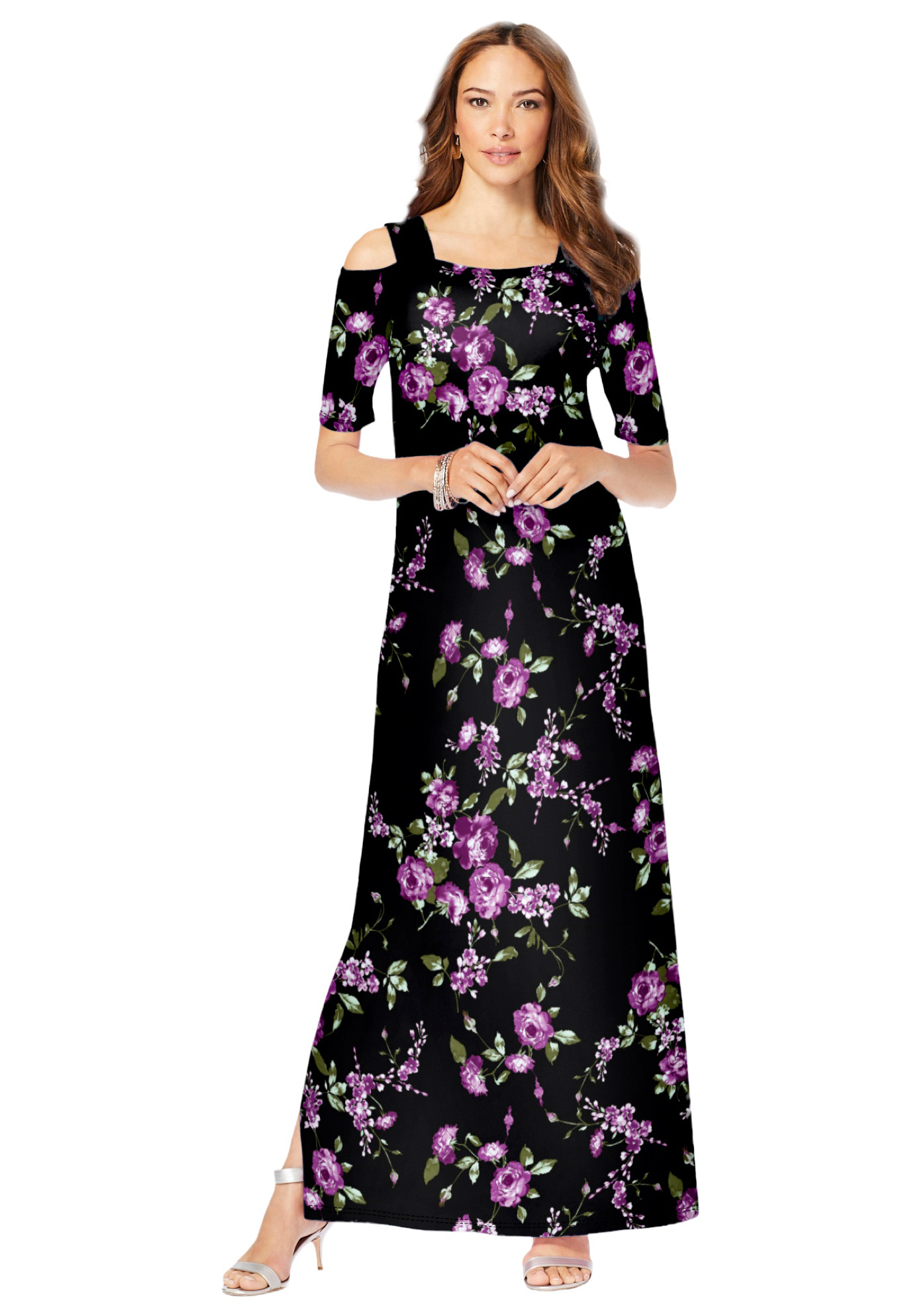 Plus Size Women's Plus Size Cold Shoulder Maxi Dress by Roaman's in Purple Rose Floral (Size 18/20) Long Stretch Jersey