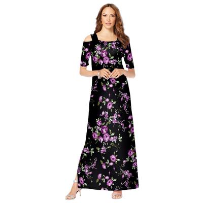 Plus Size Women's Ultrasmooth Cold Shoulder Maxi Dress by Roaman's in Purple Rose Floral (Size 42/44) Long Stretch Jersey