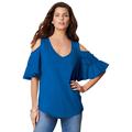 Plus Size Women's Ruffle-Sleeve Top with Cold Shoulder Detail by Roaman's in Vivid Blue (Size 12)