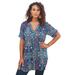 Plus Size Women's Short-Sleeve Angelina Tunic by Roaman's in Navy Mirrored Medallion (Size 16 W) Long Button Front Shirt