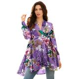 Plus Size Women's Fit-and-Flare Crinkle Tunic by Roaman's in Violet Paisley Garden (Size 26 W) Long Shirt Blouse