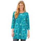 Plus Size Women's Perfect Printed Three-Quarter-Sleeve Scoopneck Tunic by Woman Within in Pretty Jade Jacquard Floral (Size L)