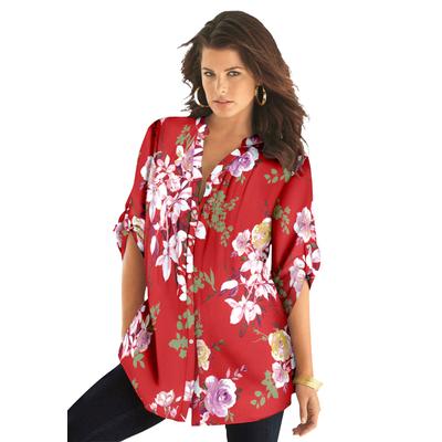 Plus Size Women's English Floral Big Shirt by Roaman's in Antique Strawberry Romantic (Size 12 W) Button Down Tunic Shirt Blouse