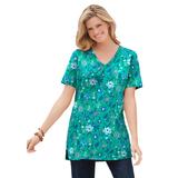 Plus Size Women's Perfect Printed Short-Sleeve Shirred V-Neck Tunic by Woman Within in Pretty Jade Jacquard Floral (Size M)