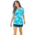 Plus Size Women's Split-Neck Short Sleeve Swim Tee with Built-In Bra by Swim 365 in Blue Multi Leaves (Size 18)