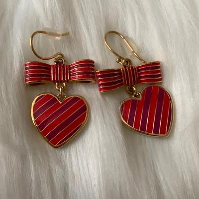 Coach Jewelry | Coach Poppy Striped Heart Bow Drop Earrings Gold--Rare | Color: Pink/Red | Size: Os