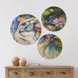 East Urban Home Designart 'Koi Koi & Lily' Nautical & Coastal Wood Wall Art Set Of 3 Circles Wood in Blue/Brown | 34 H x 44 W x 1 D in | Wayfair