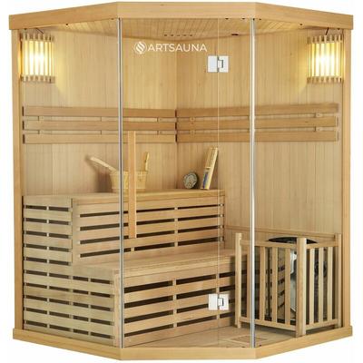 Saunakabine Espoo150 Premium mit Harvia Ofen – 3 Personen – Hemlock Holz, Glasfront und led Licht –