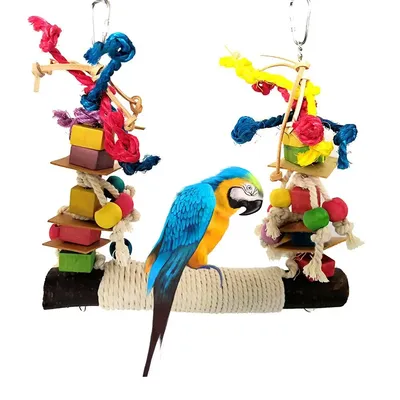 Jouet à mâcher pour perroquet et oiseau de compagnie perchoir en cuir coloré construction en bois