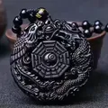 Collier pendentif en pierre d'obsidienne noire naturelle sculptée à la main pour hommes et femmes
