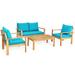 4 Pieces Patio Acacia Wood Thick Cushion Loveseat Sofa Set-Turquoise - 49.5" x 28.5" x 29.5" (L x W x H)