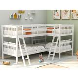 Twin Over Twin L-Shaped Wooden Bunk Bed with Sturdy Inclined Ladder and Full-Length Guardrail, 118"L x 80"W x 60"H, White