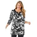 Plus Size Women's 7-Day Three-Quarter Sleeve Grommet Lace-Up Tunic by Woman Within in Black Graphic Floral (Size M)