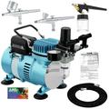 Master Airbrush Cool Runner II Dual Fan Air Compressor Pro Kit with 3 Airbrush Sets 0.2 0.3 mm Gravity & 0.8 mm Siphon