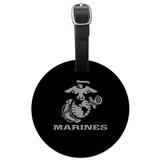 Marines Text USMC White Logo on Black Officially Licensed Round Leather Luggage Card Suitcase Carry-On ID Tag