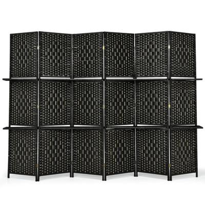 Costway 6 Panel Folding Weave Fiber Room Divider with 2 Display Shelves -Black