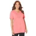 Plus Size Women's Easy Fit Embroidered Notch-Neck Tee by Catherines in Sweet Coral (Size 4X)