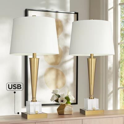 Possini Euro Wayne Brass and Crystal Table Lamps w...