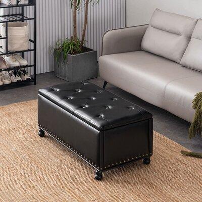 Canora Grey Storage Ottoman Bench, Black Leather Storage Bench For Bedroom