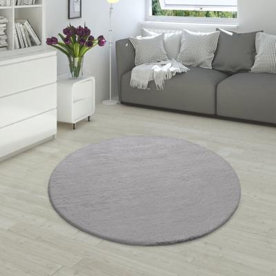 Hochflor Teppich Für Wohnzimmer Softes Kaninchenfell Imitat Kunstfell In Grau ø 120 cm Rund - Paco