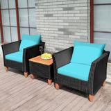 Costway 3 PCS Outdoor Patio Rattan Bistro Furniture Set Wooden Table