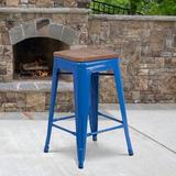 Flash Furniture Margherite 30" High Backless Metal Outdoor Barstool w/ Square Wood Seat Wood in Blue | 24" | Wayfair CH-31320-24-BL-WD-GG