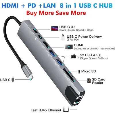 Airies USB C 8 en 1 Type C 3.1 à 4K adaptateur HDMI avec RJ45 lecteur de carte SD/TF charge