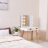 Wooden Vanity Table with Socket and 2 USB Plugs, Dressing Desk with Mirror of Dimmable LED Light, Storage Drawer Makeup Table