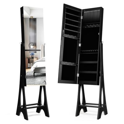 Costway LED Jewelry Cabinet Armoire Organizer with Bevel Edge Mirror-Black