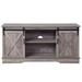 Bennet TV Stand, Grey Finish, Industrial Style, Rectangular TV Stand with 2 Sliding Barn Doors and 2 Tier Shelf