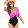 Plus Size Women's Colorblock V-Neck One Piece Swimsuit by Swimsuits For All in Very Fuchsia (Size 10)