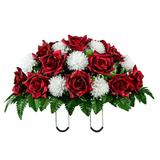 Sympathy Silks Artificial Cemetery Flowers 30 Red Open Rose/White Mum Saddle for Headstone