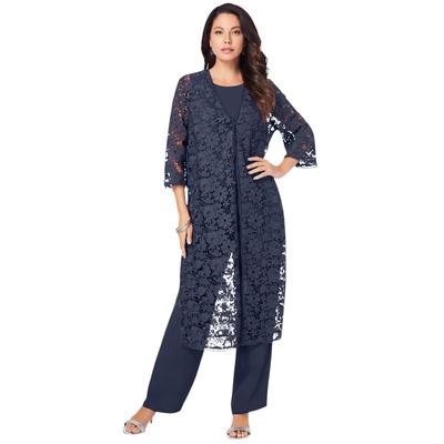 Plus Size Women's Three-Piece Lace Duster & Pant Suit by Roaman's in Navy (Size 38 W) Duster, Tank, Formal Evening Wide Leg Trousers