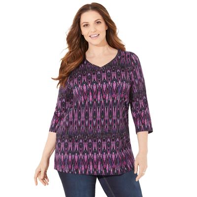 Plus Size Women's Suprema® 3/4 Sleeve V-Neck Tee by Catherines in Purple Tribal (Size 3XWP)
