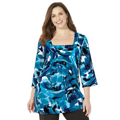 Plus Size Women's Ultra-Soft Square-Neck Tee by Catherines in Blue Floral (Size 2X)