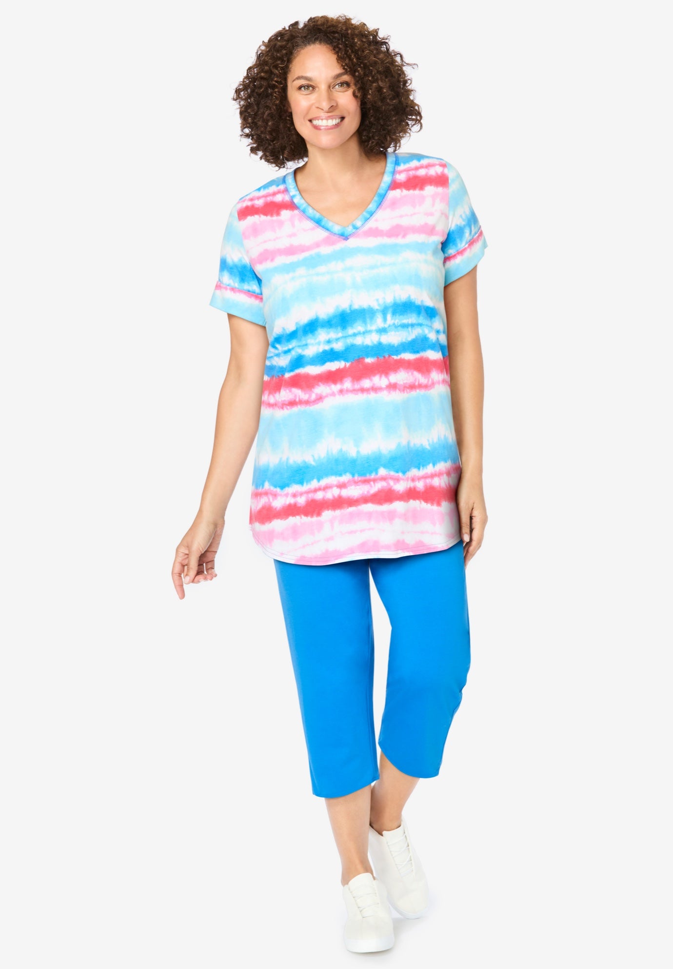 Plus Size Women's Two-Piece V-Neck Tunic & Capri Set by Woman Within in Paradise Blue Multi Tie-dye Stripe (Size S)