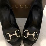 Gucci Shoes | Gucci Black Satin Hollywood Horsebit Peep Toe Pumps | Color: Black | Size: 6
