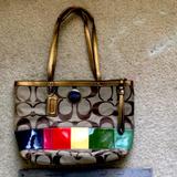 Coach Bags | Coach Authentic Handbag- C Canvas Bronze/ Gold With Leather Multi Color Squares. | Color: Brown/Tan | Size: Os