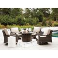 Signature Design by Ashley Paradise Trail Outdoor Fire Pit Table & 4 Chairs Synthetic Wicker/All - Weather Wicker/Wicker/Rattan in Brown | Wayfair