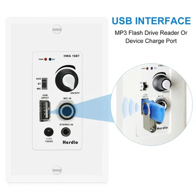 Herdio In Wall Bluetooth Audio Control Amplifier Receiver Wall Plate USB Microphone Input Sound
