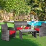 Gymax 8PCS Patio Outdoor Rattan Conversation Furniture Set w/ Red