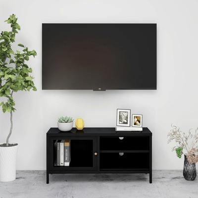 vidaXL TV Stand Black 35.4"x11.8"x17.3" Steel and Glass - 35.4" x 11.8" x 17.3"