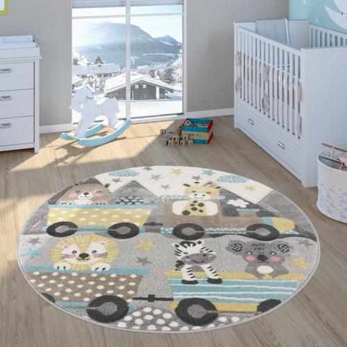 Kinderteppich Teppich Kinderzimmer Spielteppich 3D Effekt Tier Motiv Grau Gelb 120 cm Rund - Paco