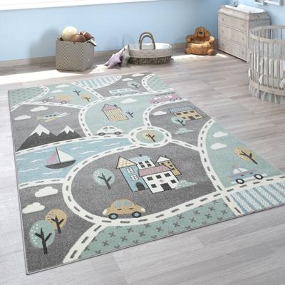 Paco Home - Kinder-Teppich Mit Straßen-Motiv, Spiel-Teppich Für Kinderzimmer, In Grün Grau 160x220
