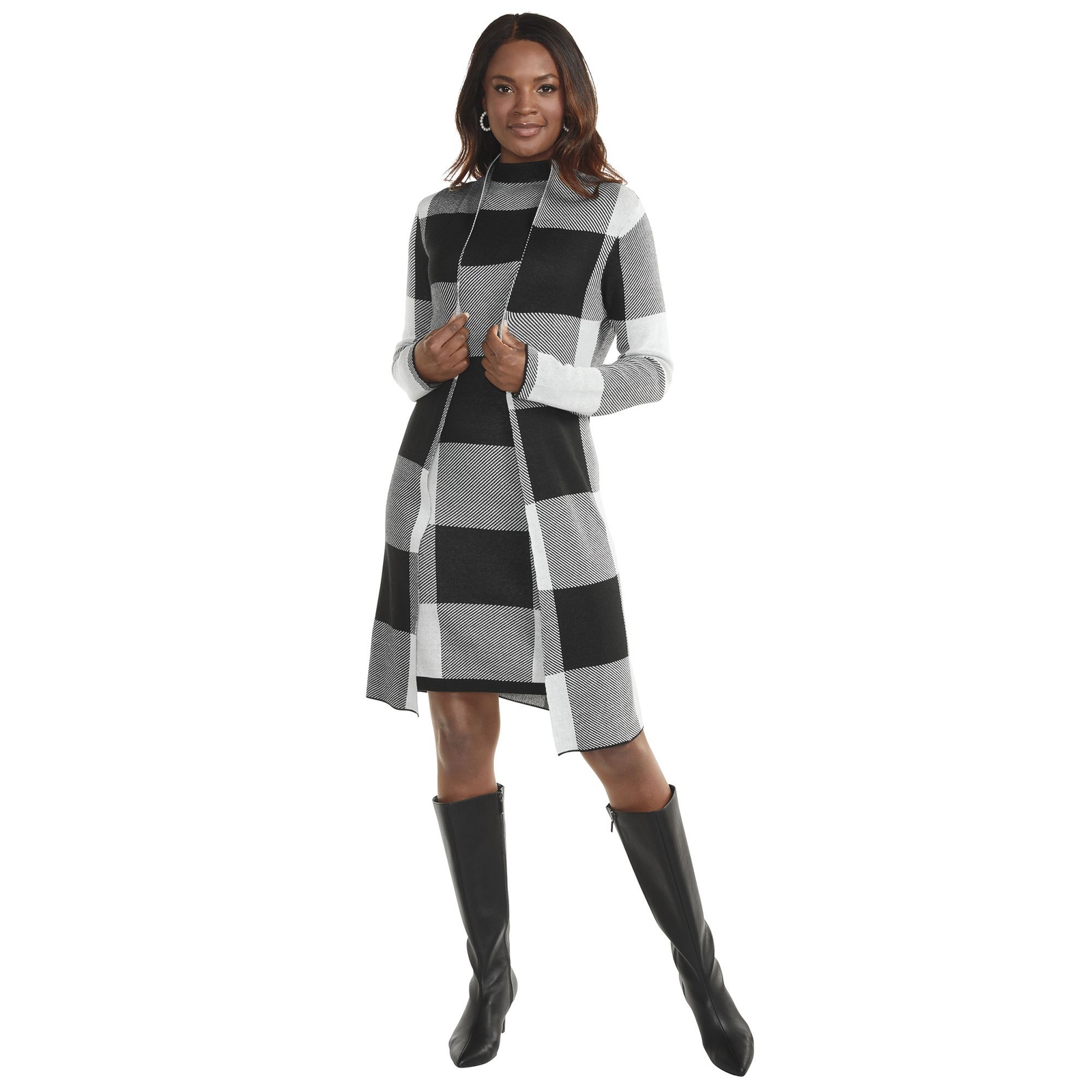 Masseys Sweater Dress & Jacket Set (Size L) White-Black Plaid, Acrylic,Cotton